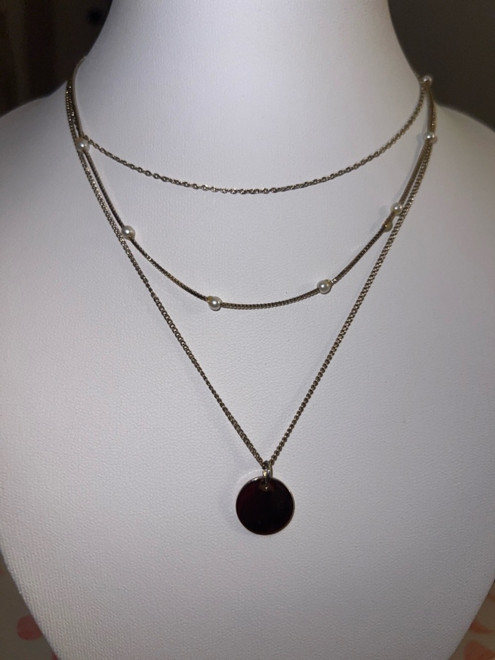 Layered Gold Necklace with Pearls and Disc Pendant